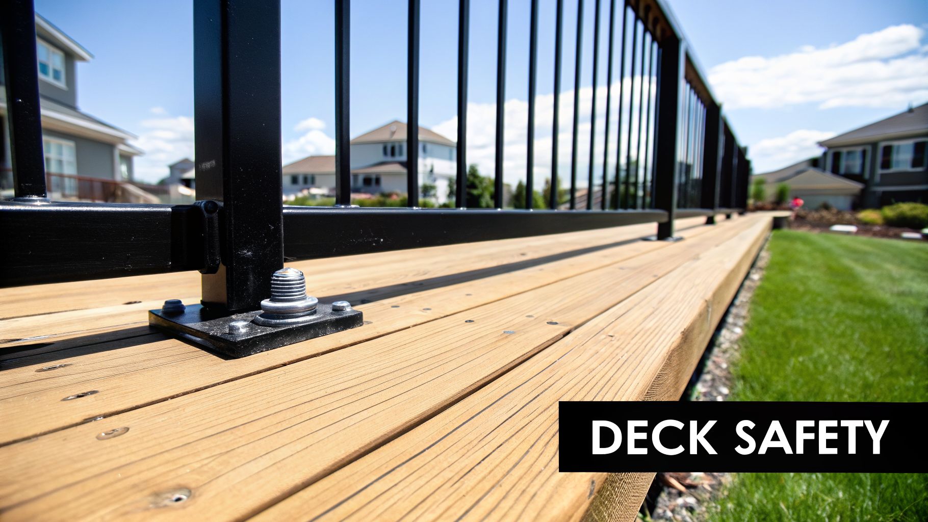 Close-up of a wooden deck with black metal railing, bolted securely, next to a green lawn under a blue sky.