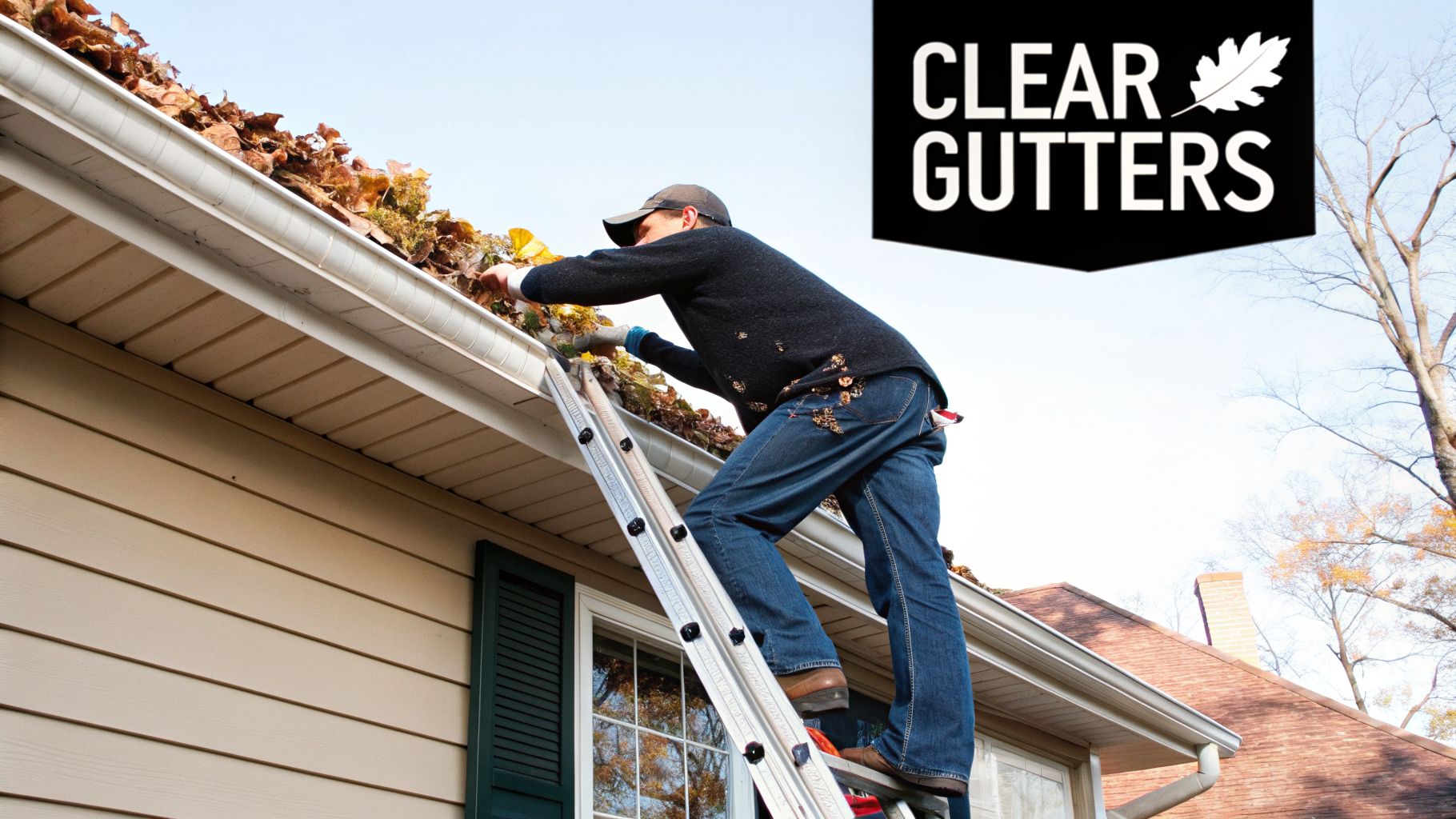 A person on a ladder is cleaning gutters full of autumn leaves on a house.