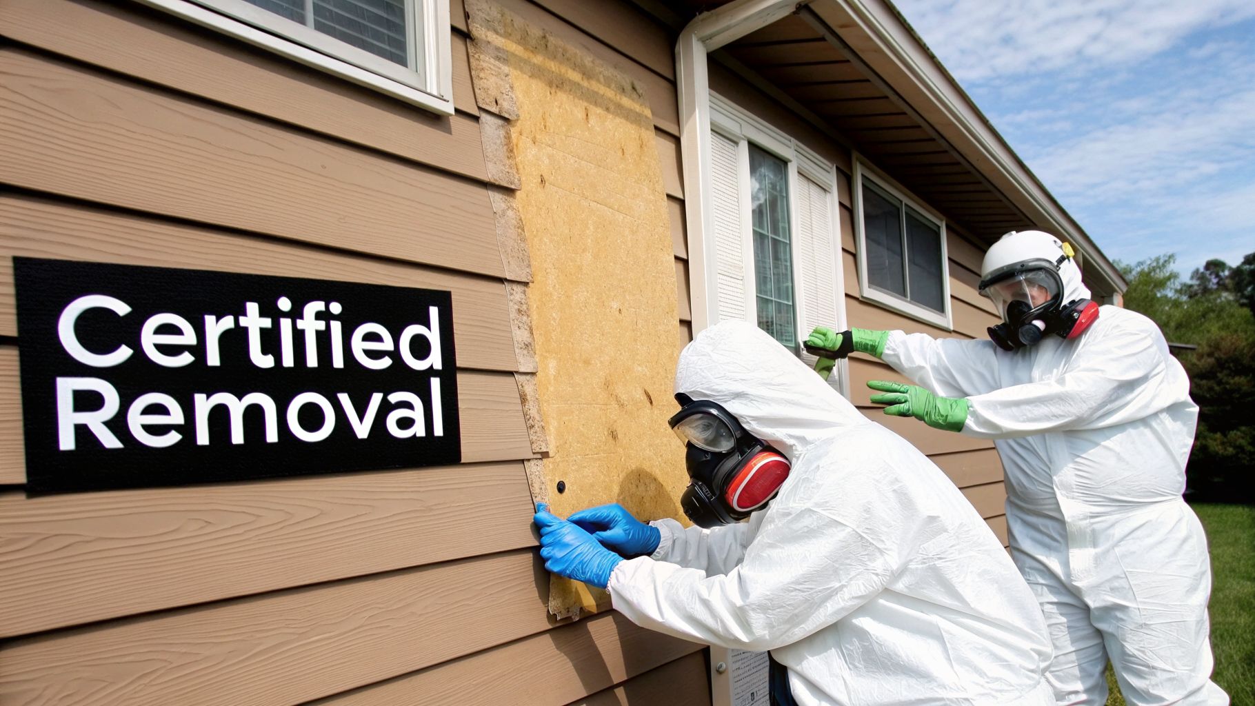 Two professionals in hazmat suits and respirators carefully remove siding from a house labeled "Certified Removal."