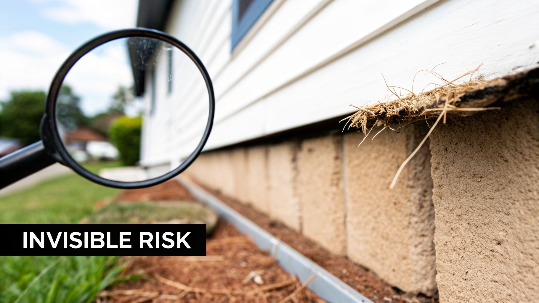 A magnifying glass inspects old house siding and foundation for potential hidden asbestos risks, showing dried debris.