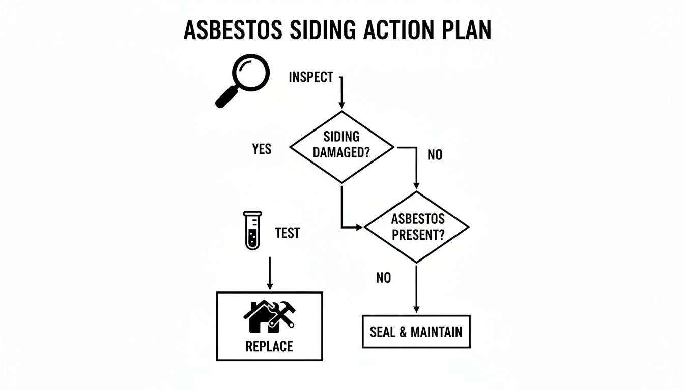 Flowchart outlining the action plan for asbestos siding, covering inspection, testing, and maintenance or replacement.