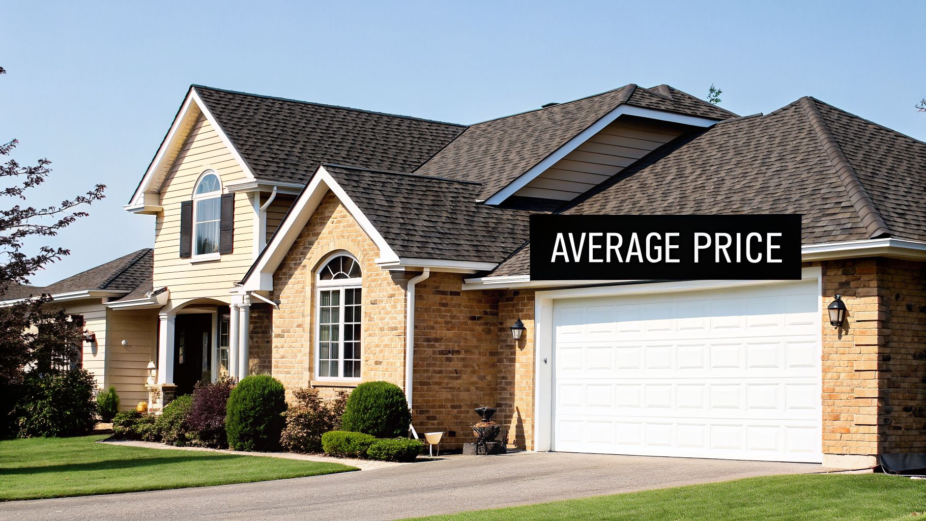 A large, suburban house with a dark roof and brick facade, with text 'AVERAGE PRICE' overlaid.