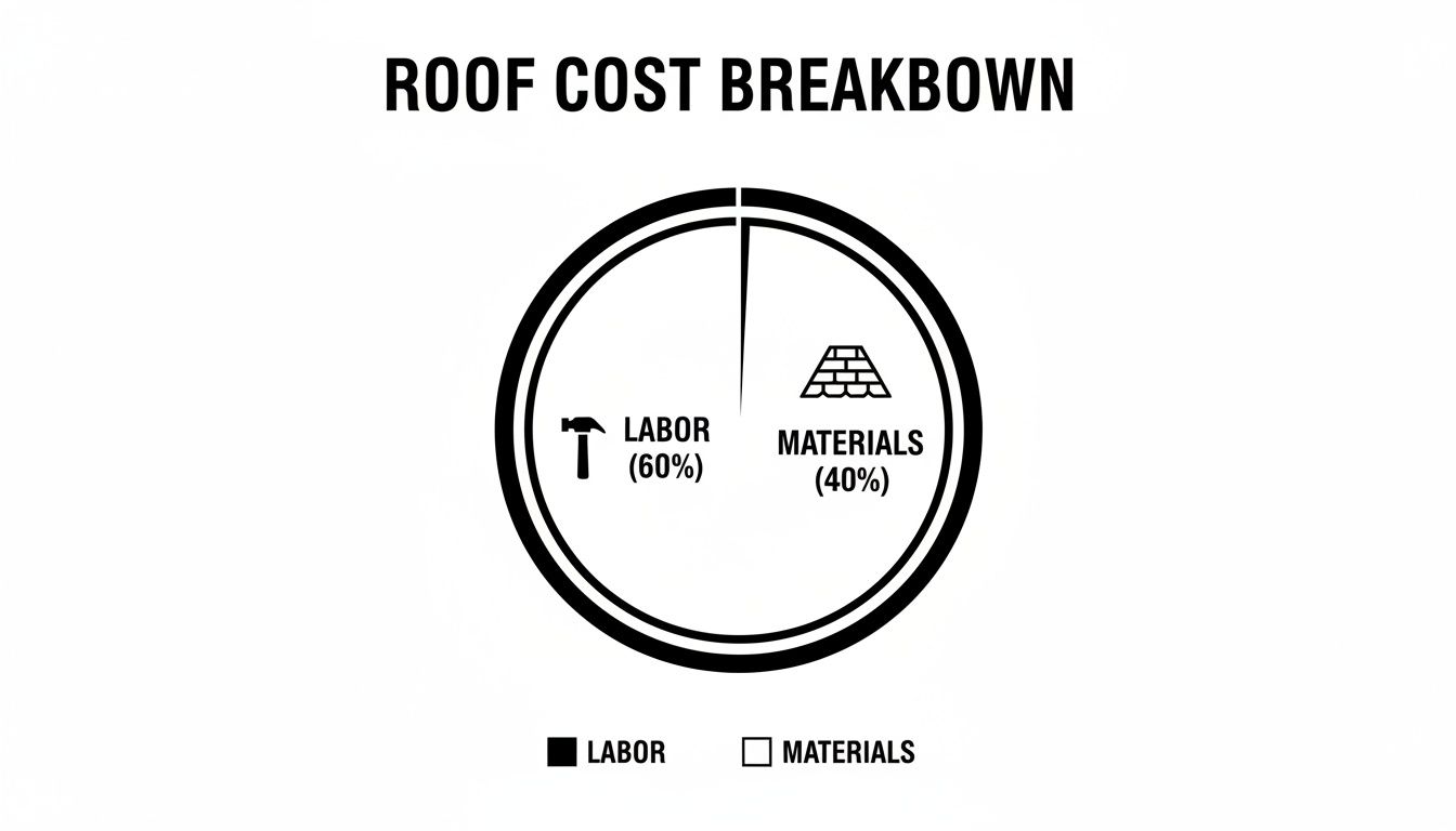 Pie chart illustrating roof cost breakdown: 60% for labor and 40% for materials.