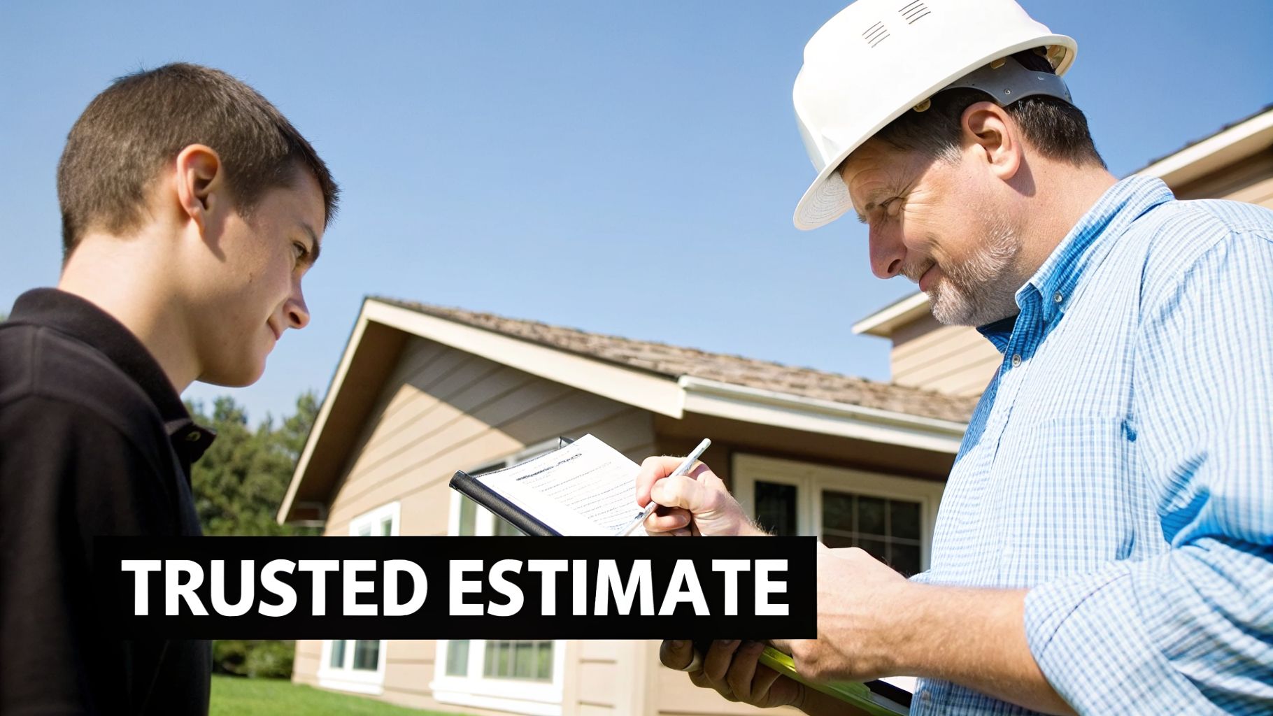 A contractor in a hard hat and a young man reviewing a trusted estimate on a clipboard outside a house.
