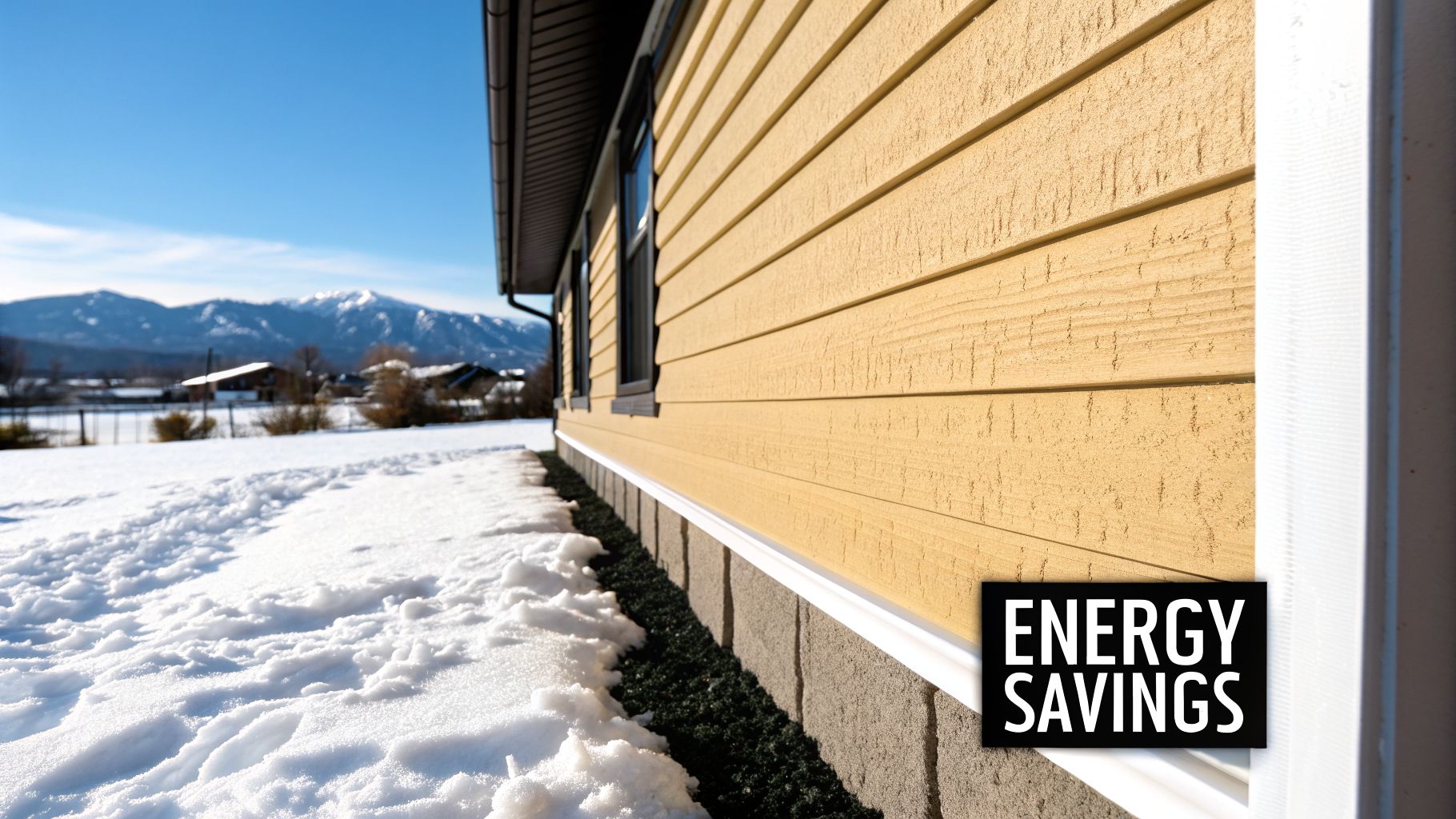 Close-up of a house's yellow siding and white foundation in winter, with 'ENERGY SAVINGS' text.