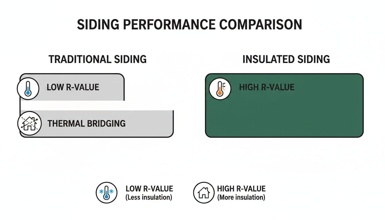 Infographic comparing traditional siding with low R-value and thermal bridging to insulated siding with high R-value.