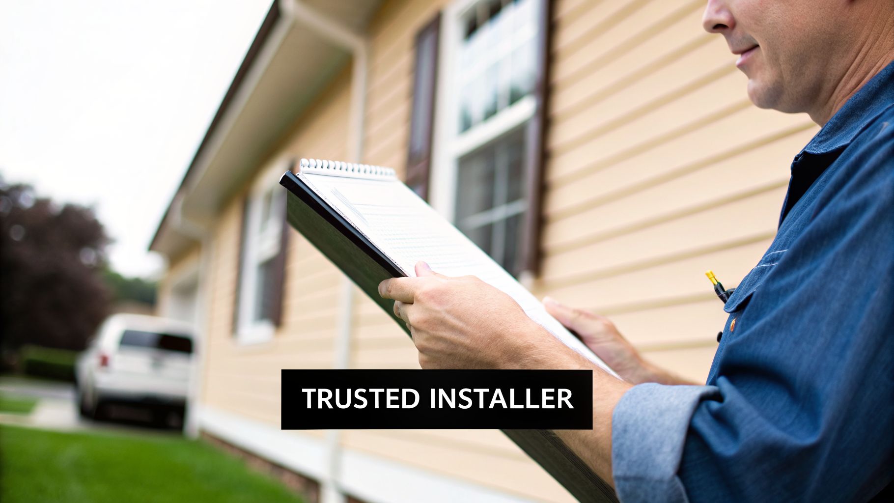 A trusted installer in a blue shirt reviews documents on a clipboard in front of a house with vinyl siding.