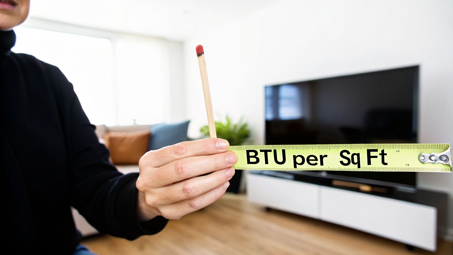 A hand holds a matchstick and a tape measure displaying "BTU per Sq Ft" in a modern living room.