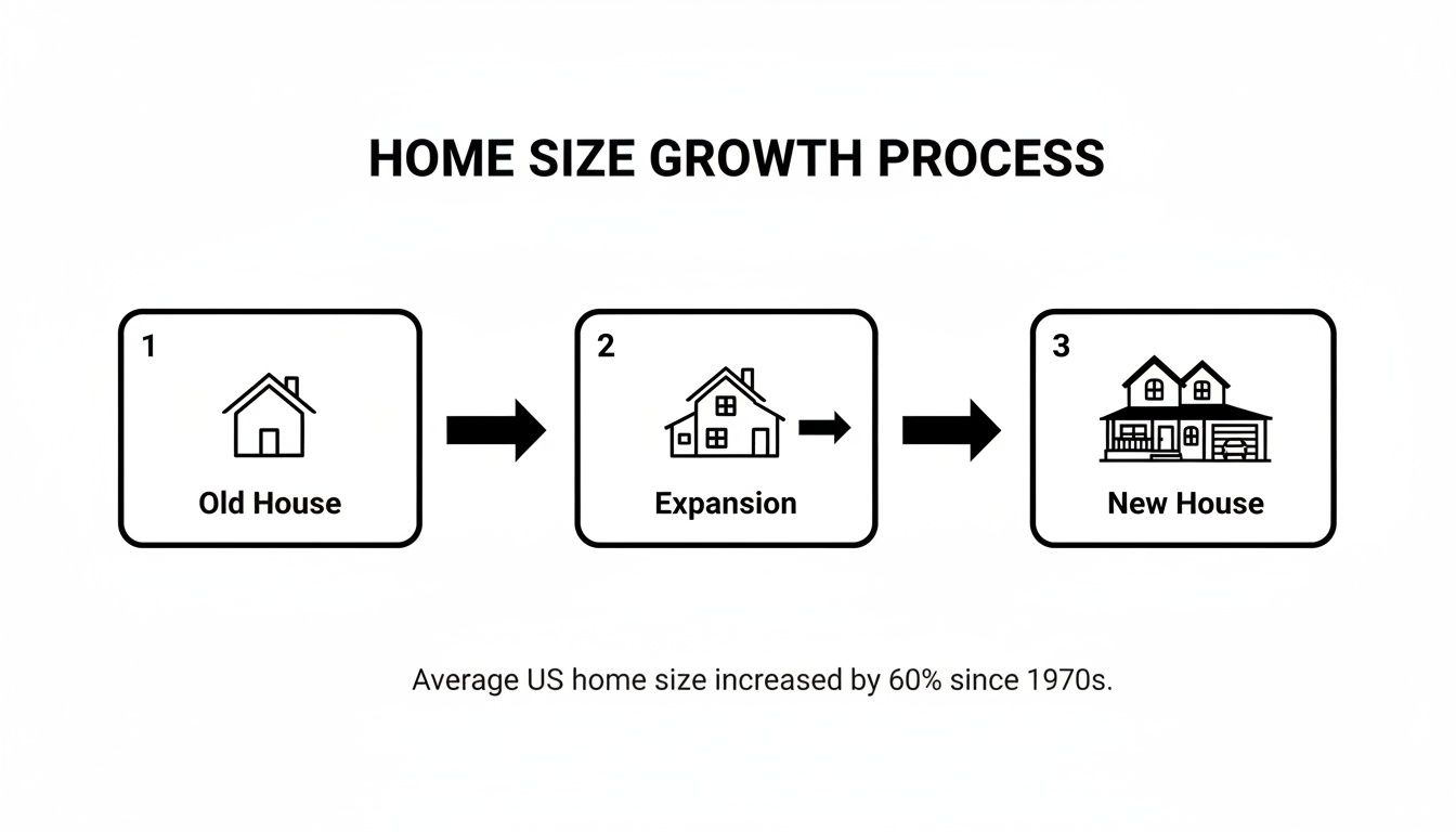 Illustration depicting the process of home size growth through expansion, reflecting a 60% increase since the 1970s.