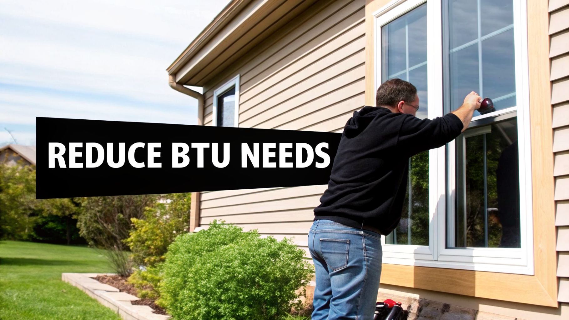 A man installing or sealing a window on a house with a banner "REDUCE BTU NEEDS" about energy efficiency.