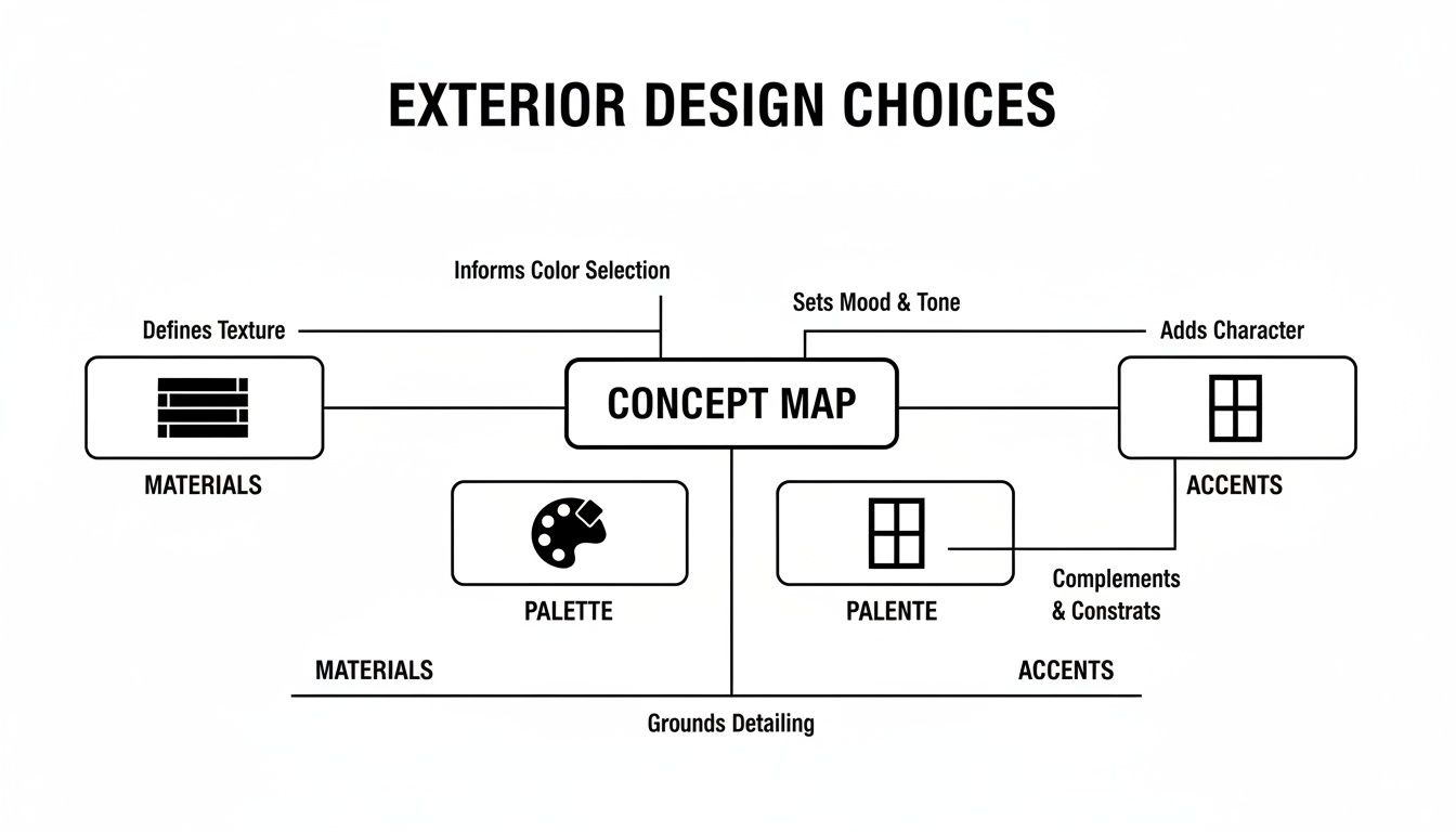 Concept map illustrating exterior design choices, linking materials, palette, and accents for home exteriors.