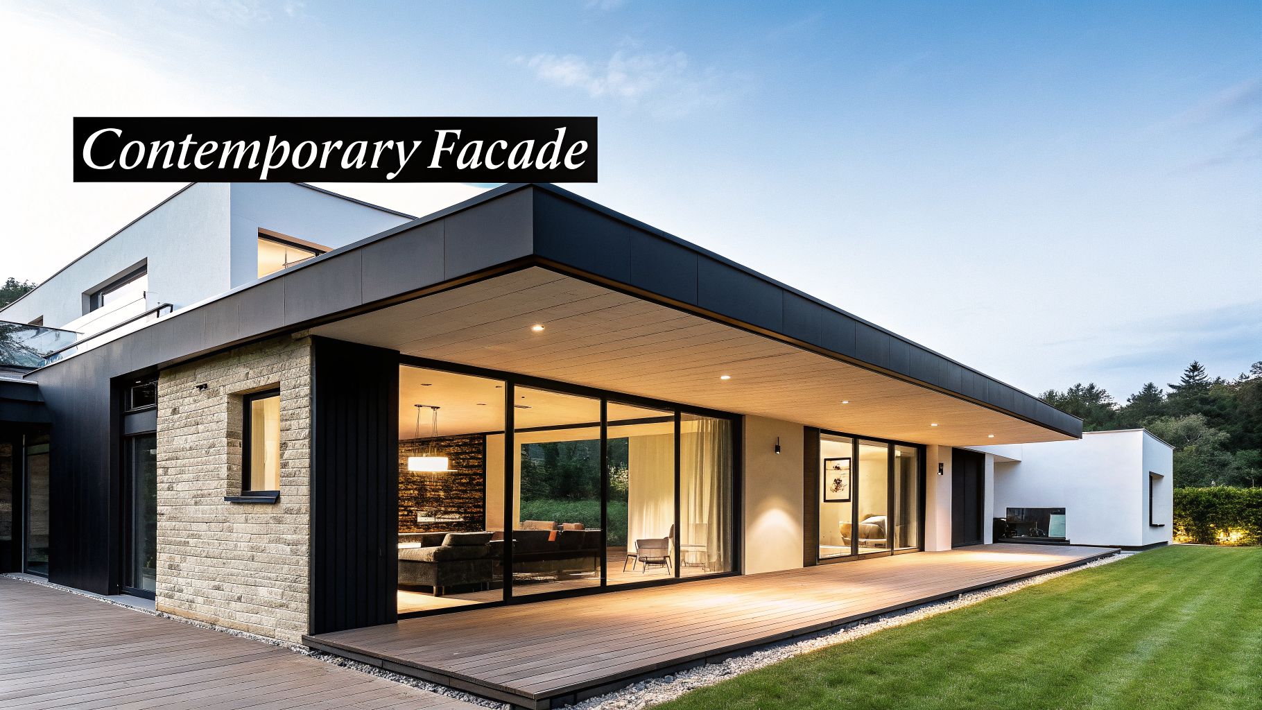 A striking contemporary house facade at dusk with large windows, a wooden deck, and a lush lawn.