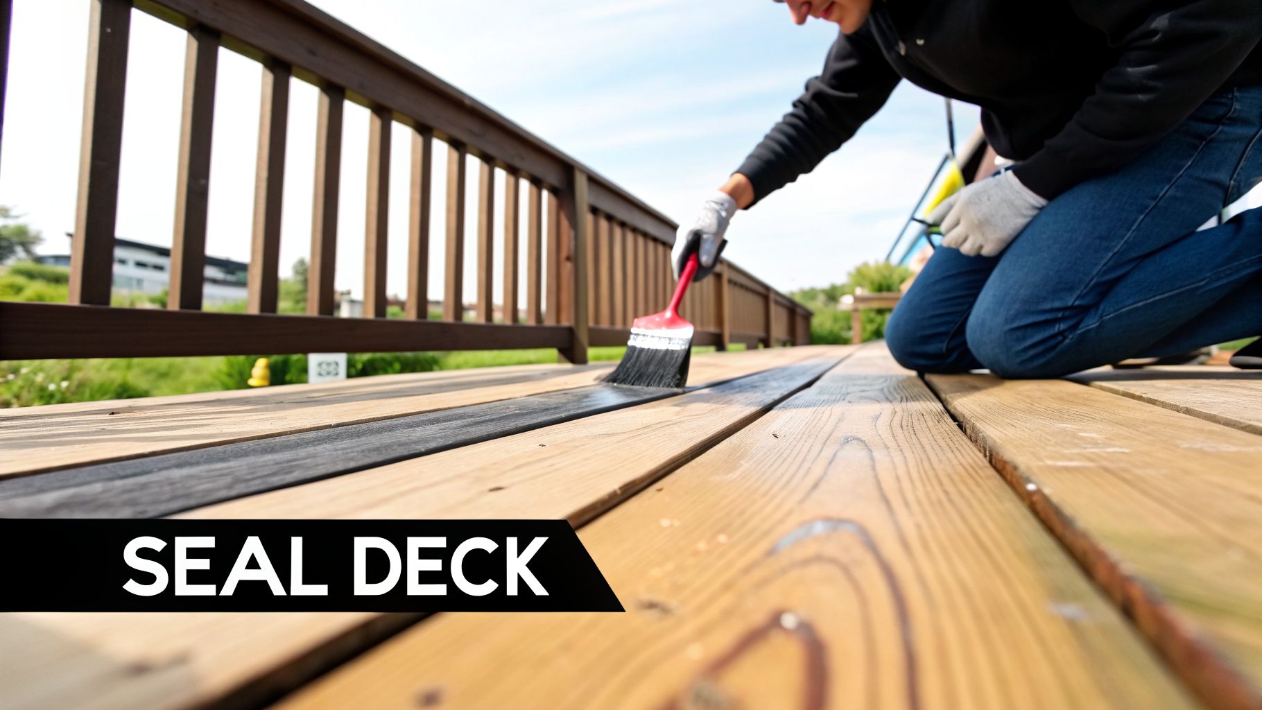 Person kneeling on a wooden deck, applying black sealant with a brush for maintenance.