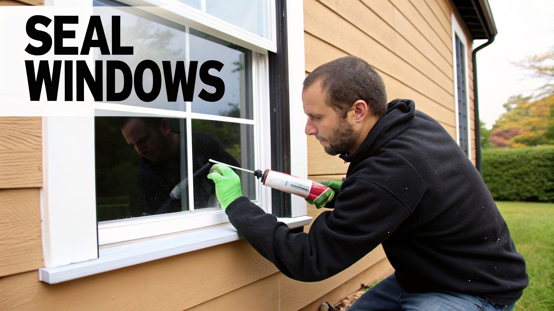 Man wearing green gloves applies caulk to seal a white window on the exterior of a brown house.