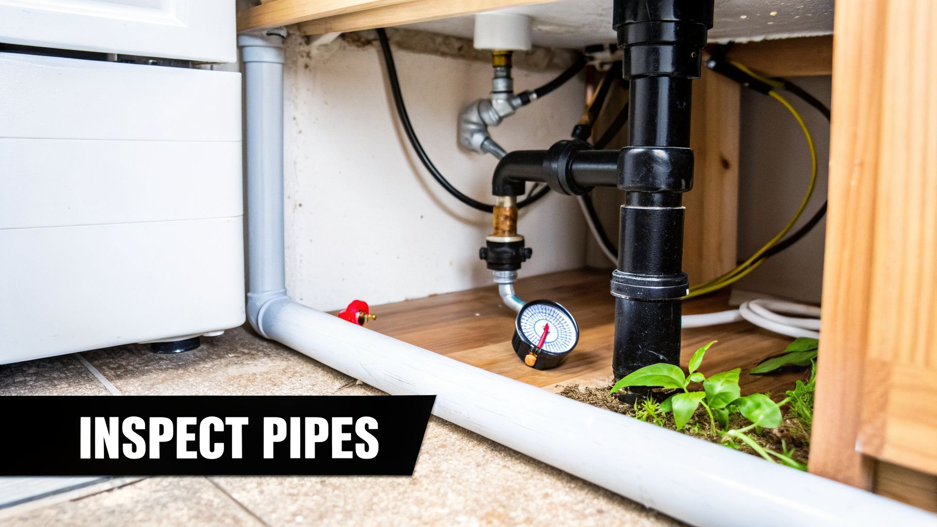 Close-up of plumbing pipes, wires, and a pressure gauge under a cabinet, with plant growth.