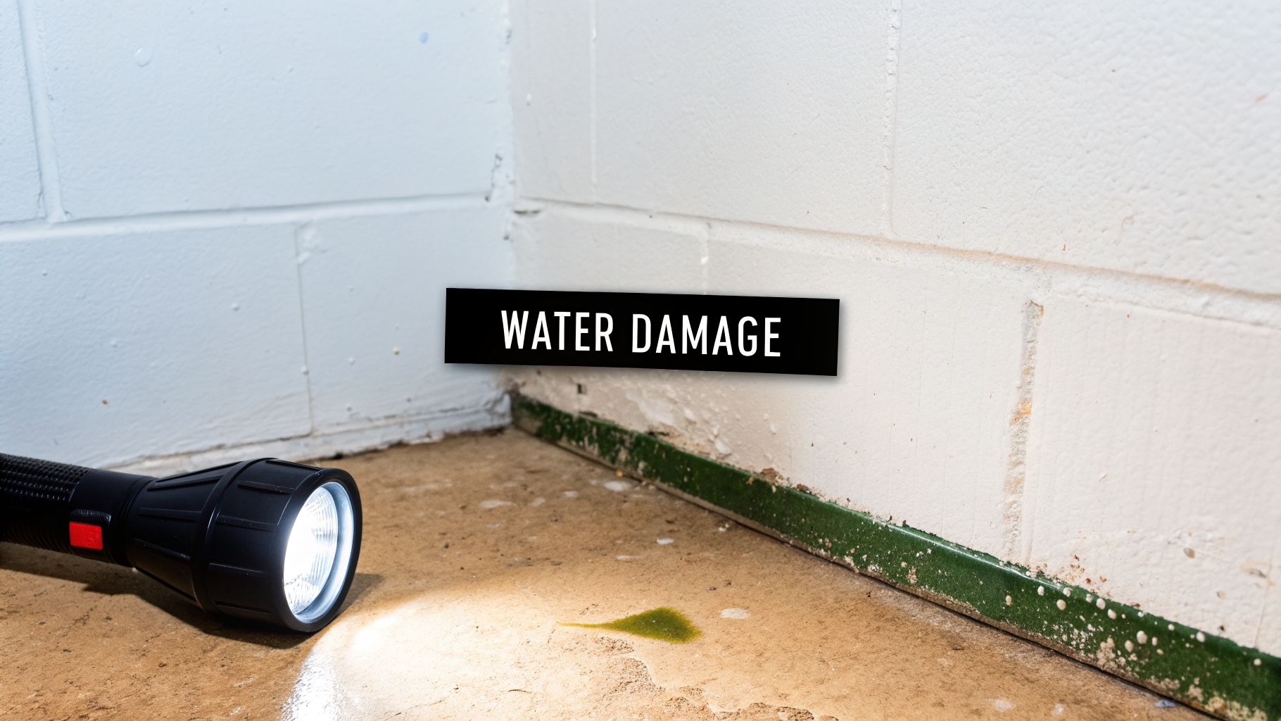 A flashlight illuminates green mold and water damage on a basement wall and floor.