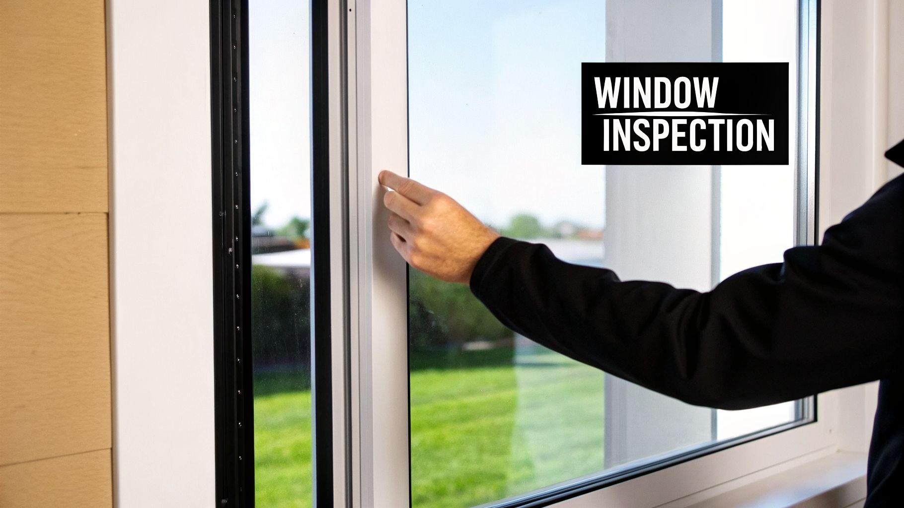 A person's hand touches a modern window frame, indicating a window inspection is taking place.