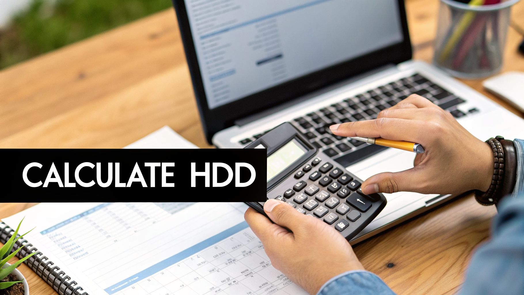 Person calculating with a calculator and laptop on a wooden desk, the text says 'CALCULATE HDD'.