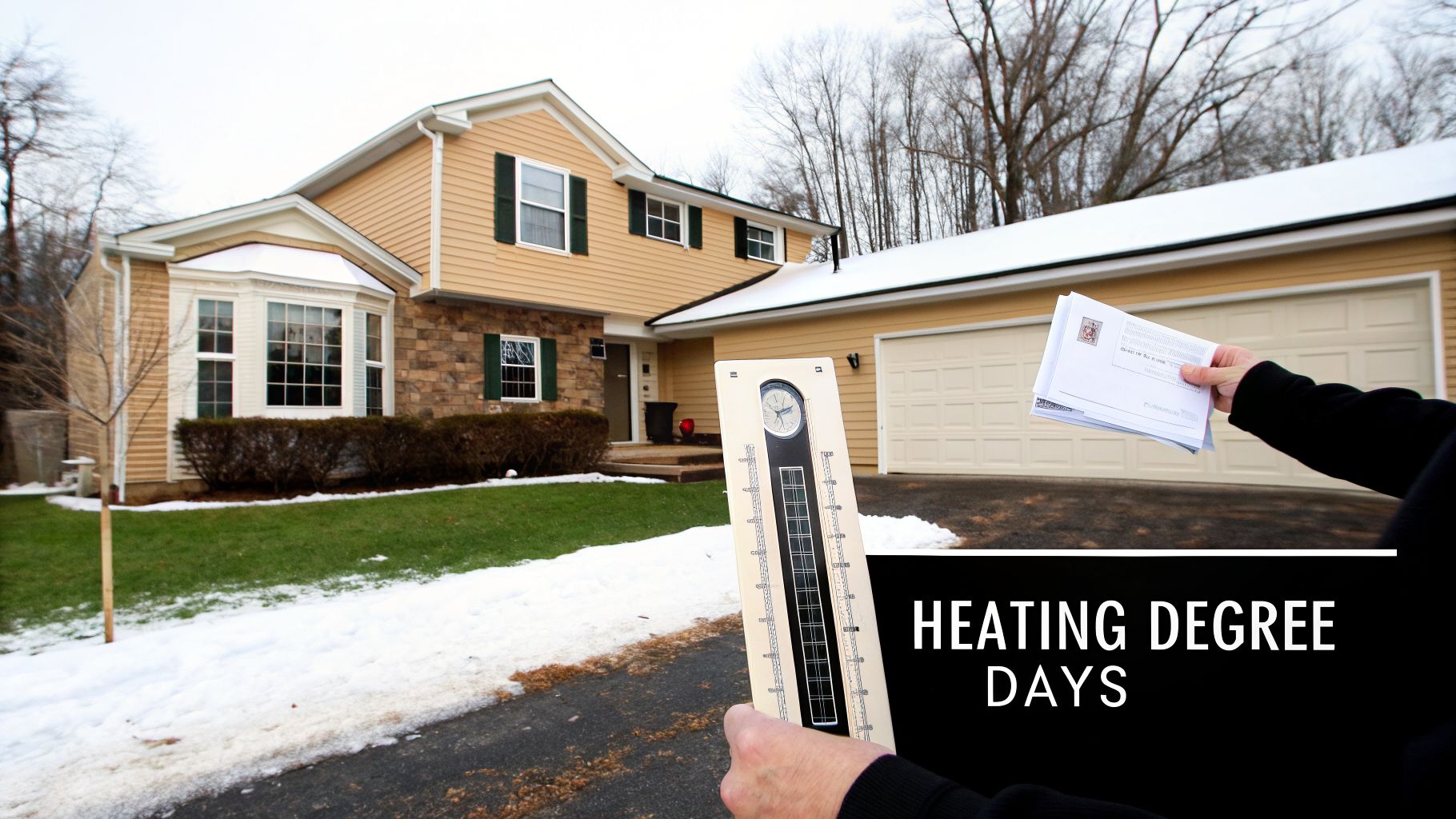 Person holding a heating degree day calculator and utility bills in front of a house with snow.