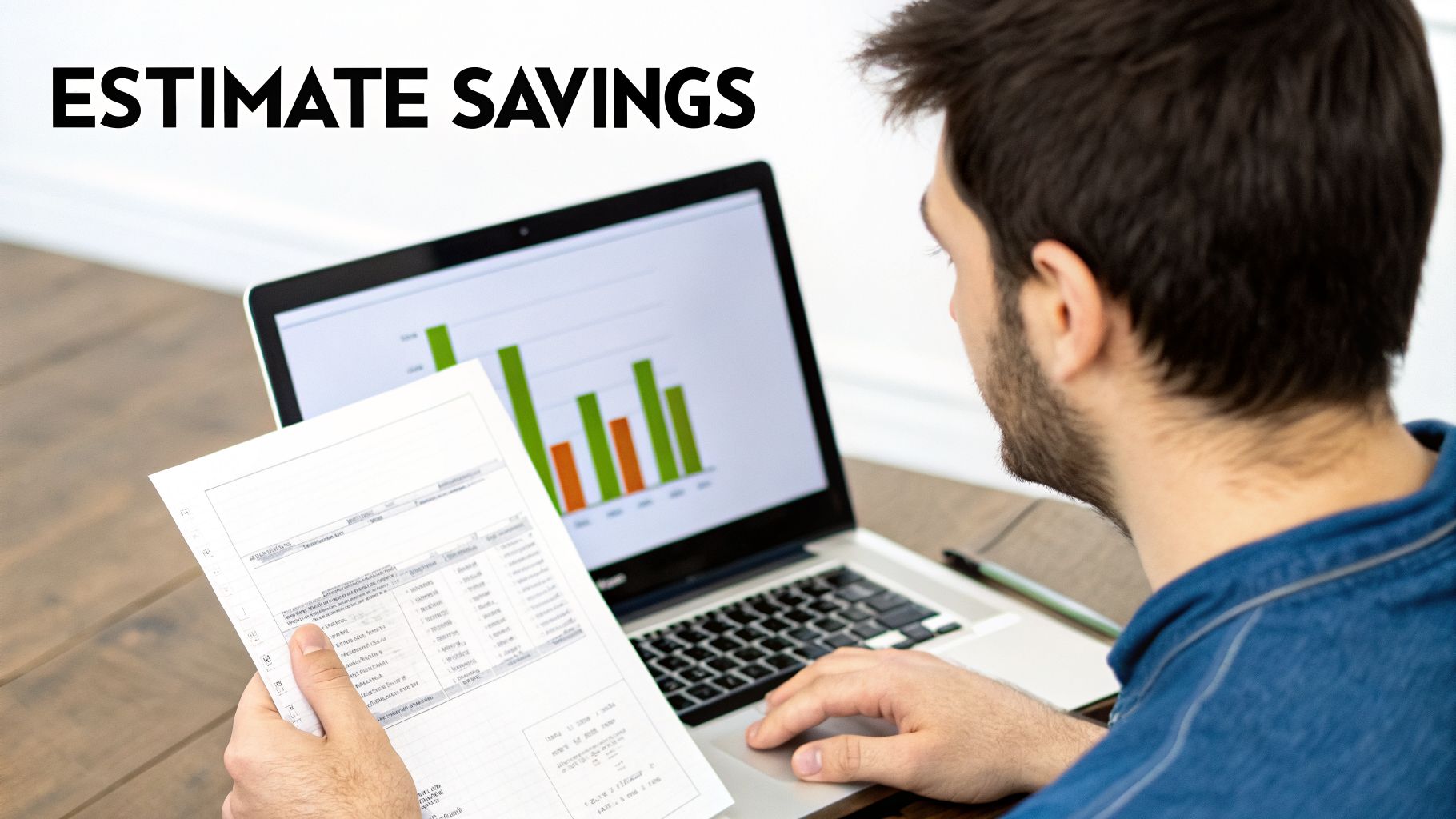 A man looks at a laptop displaying a bar chart and holds papers, estimating savings.