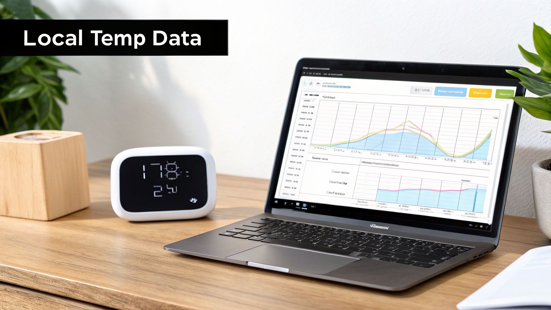 A desk setup featuring a laptop displaying temperature data graphs and a digital thermometer display.