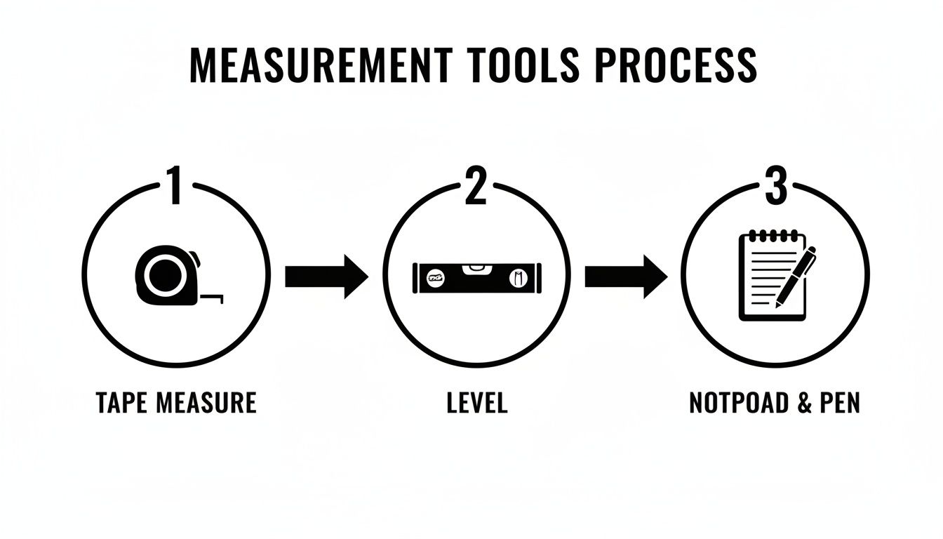 A diagram illustrating the measurement tools process: tape measure, level, and notepad with a pen.