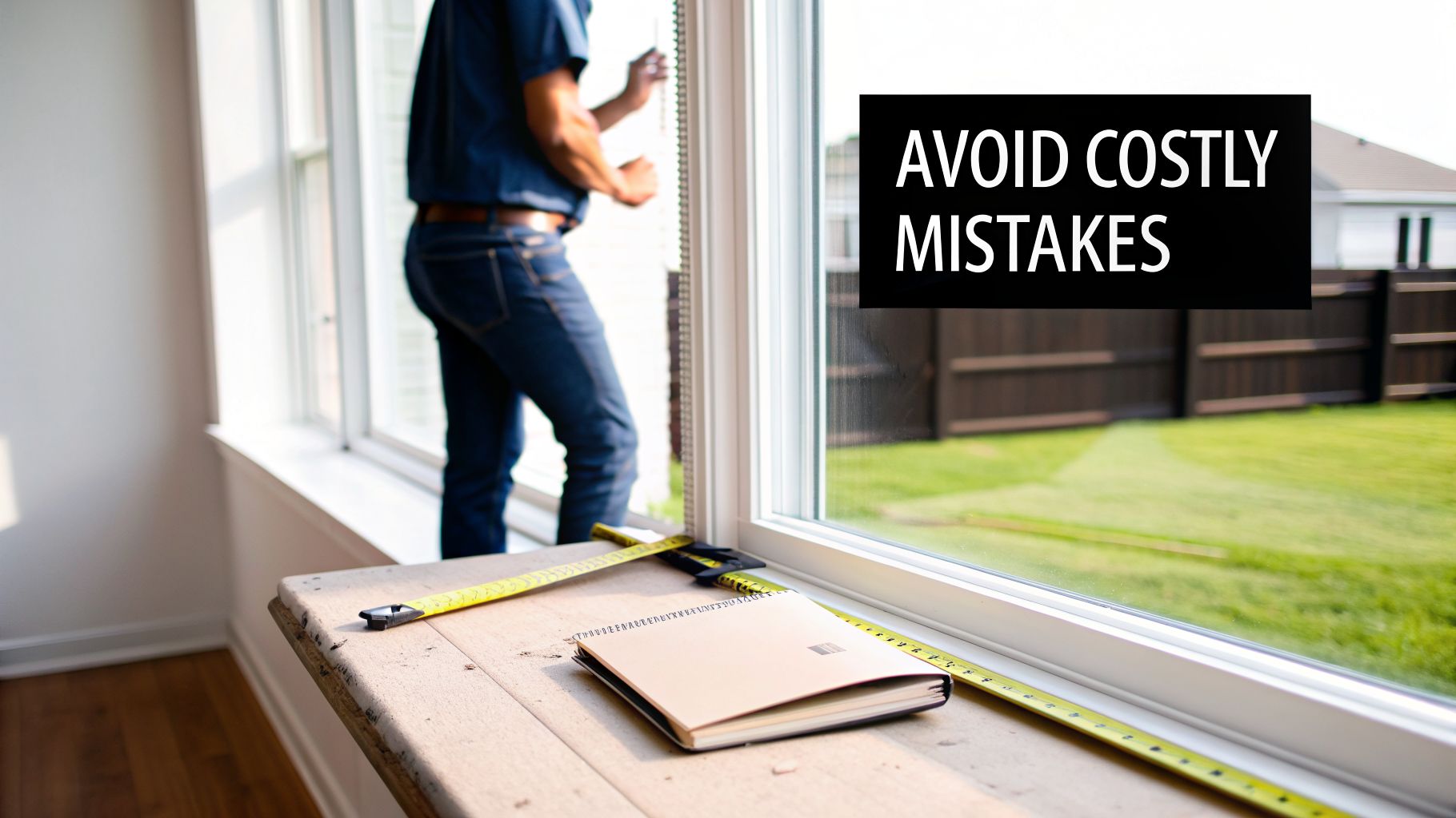 A professional measures a window for replacement, with a tape measure and notebook on a table, highlighting careful work.