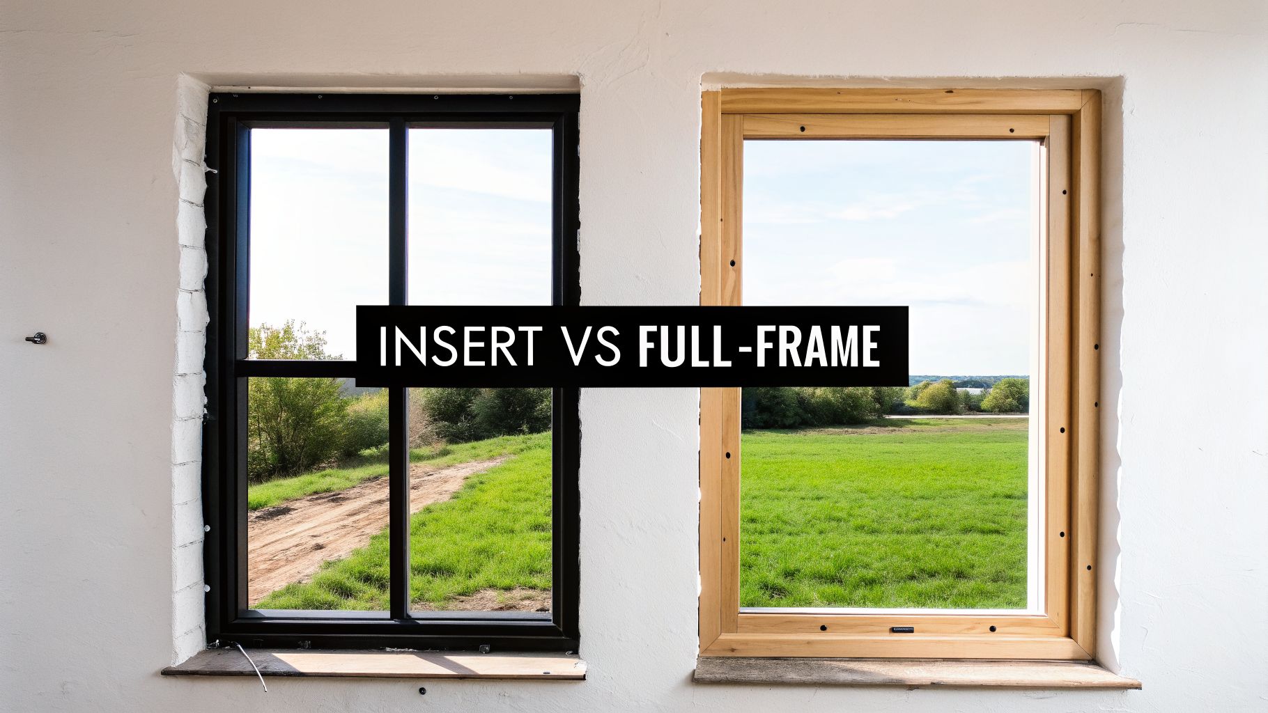 A side-by-side comparison of two windows, one black insert and one wooden full-frame, highlighting replacement options.