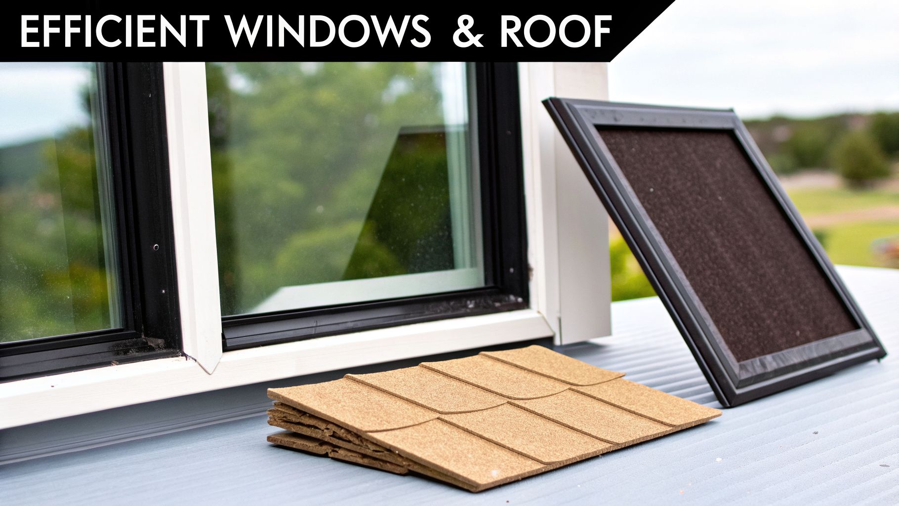 Energy-efficient window, roof shingles, and a solar panel display for home upgrades.
