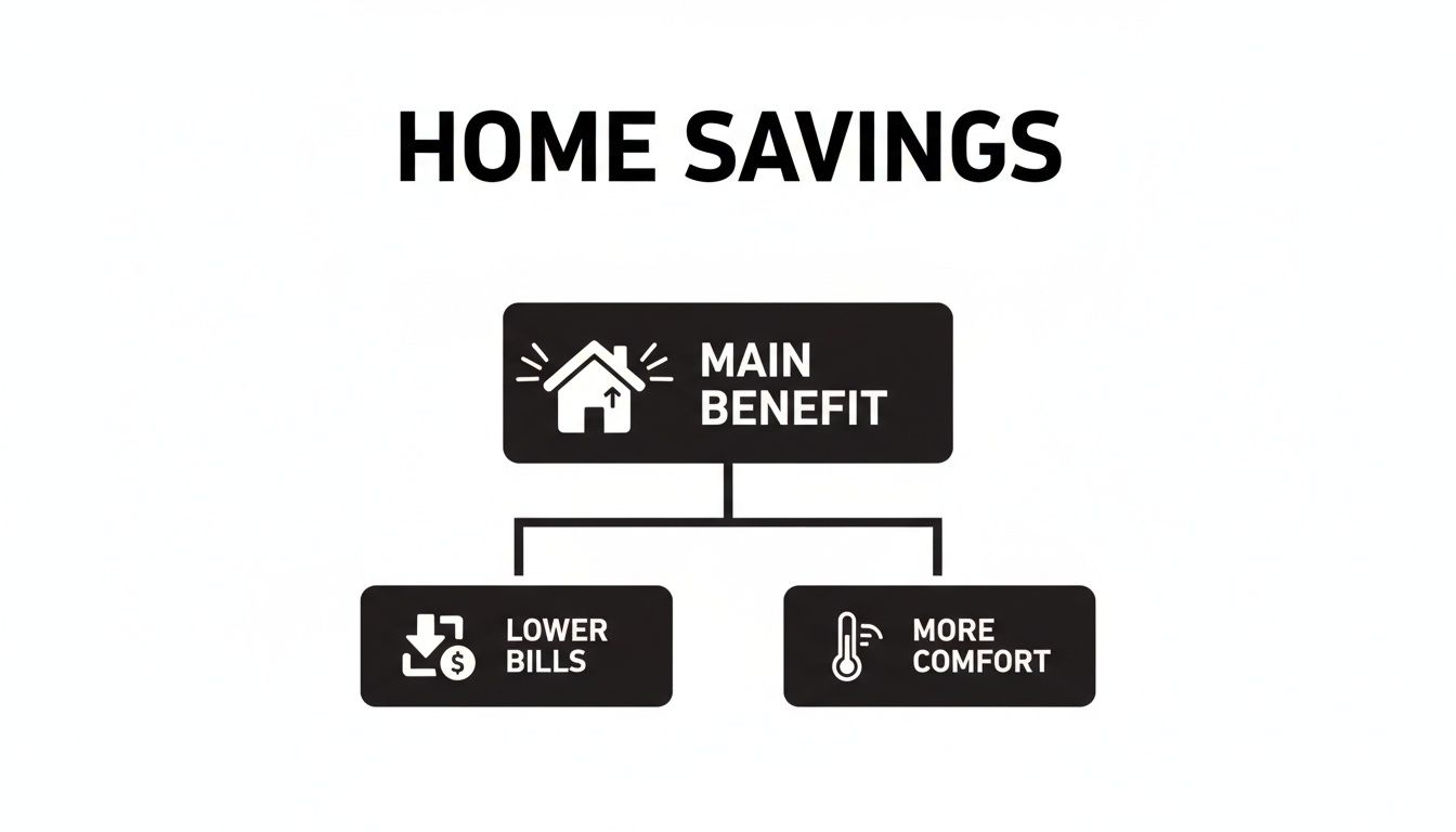A diagram titled 'HOME SAVINGS' showing 'MAIN BENEFIT' (house icon) leading to 'LOWER BILLS' and 'MORE COMFORT'.