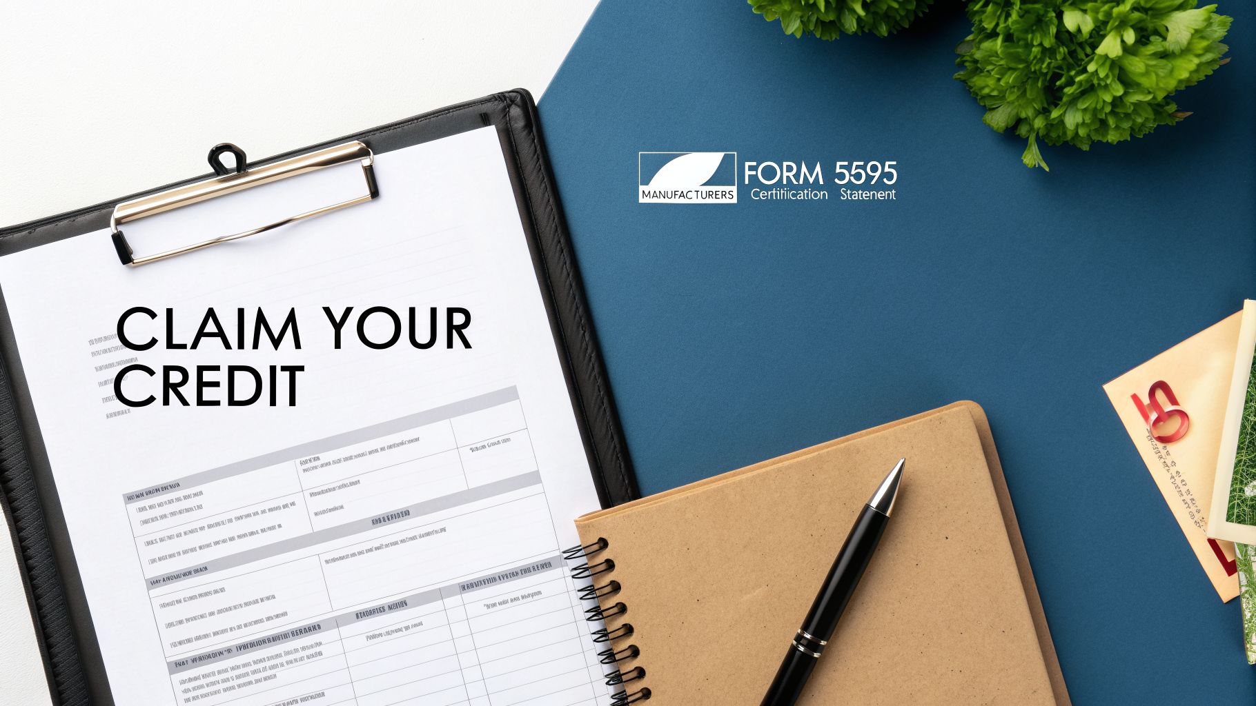 A flat lay shows a clipboard with a document stating 'CLAIM YOUR CREDIT', a blue folder with 'FORM 5595', a notebook, and a pen, suggesting tax or credit filing.