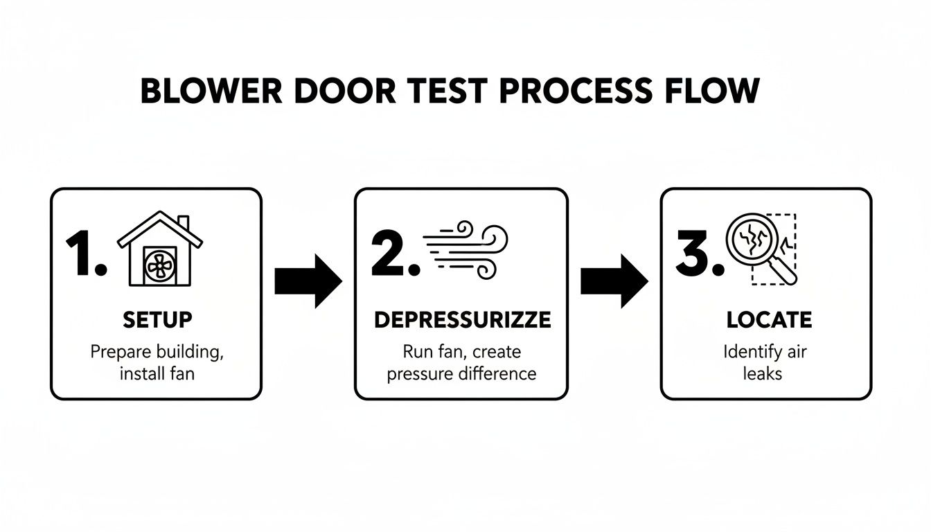 Flowchart illustrating the three steps of a blower door test: setup, depressurize, and locate air leaks.