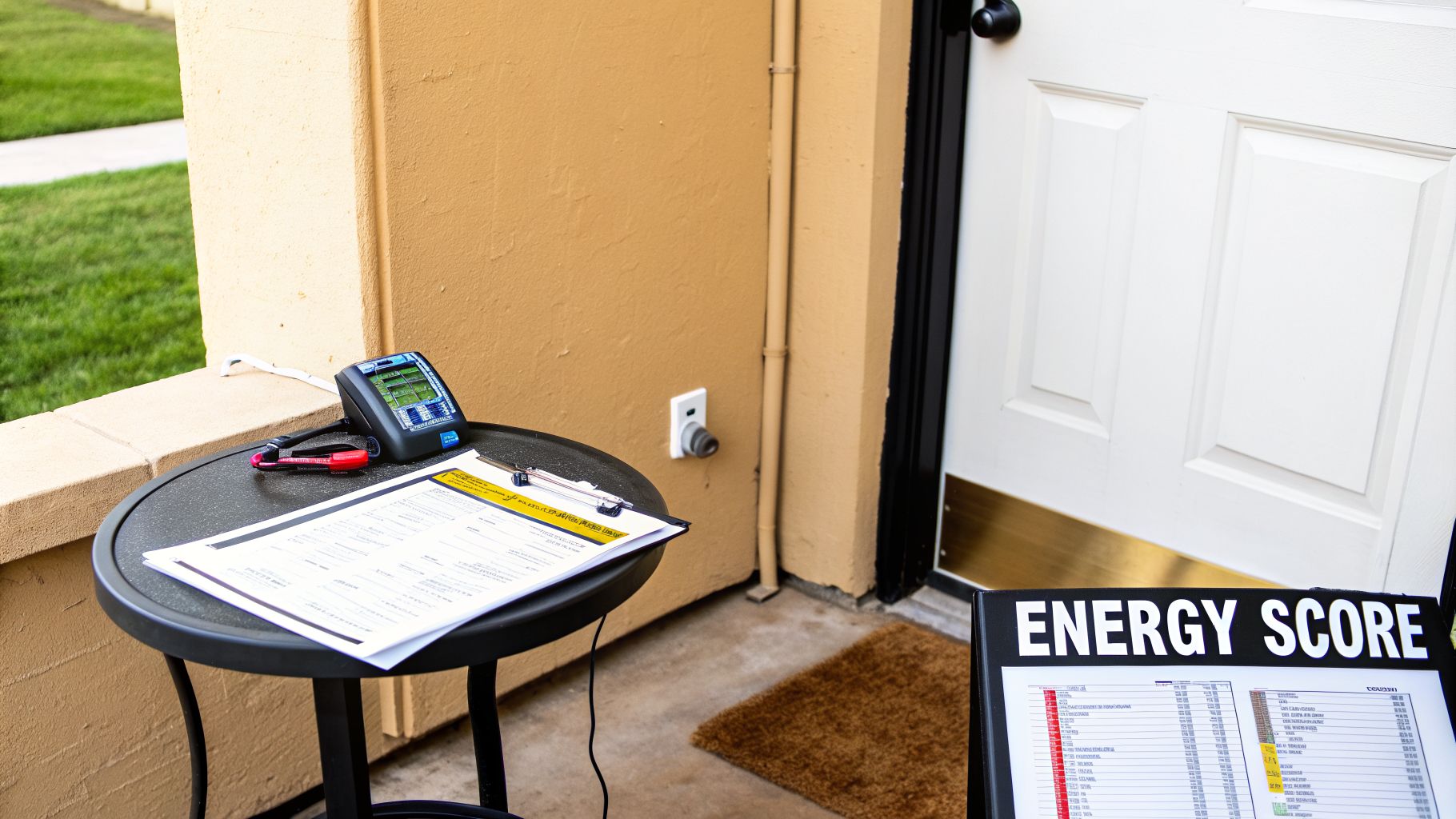 Energy audit equipment and an 'ENERGY SCORE' sign on a porch, ready for a home assessment.