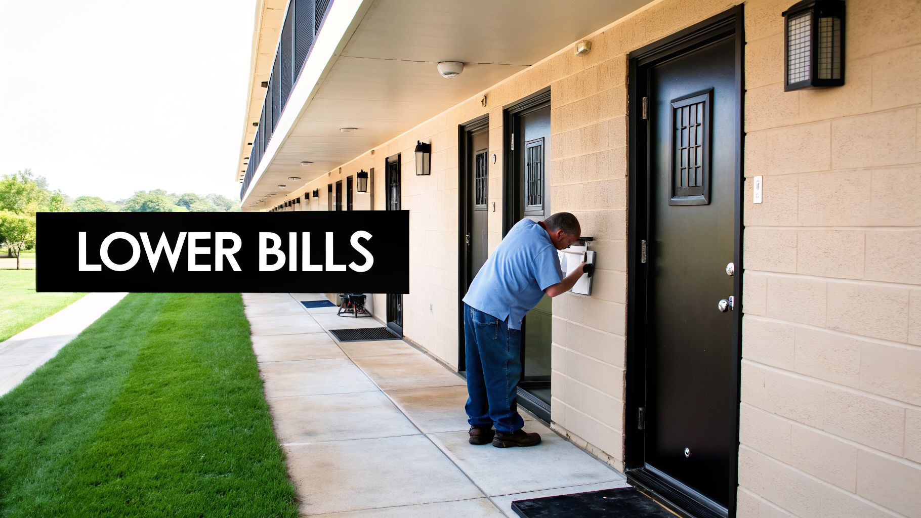 A man checks his mailbox on a tan building with multiple doors, next to a “LOWER BILLS” banner.