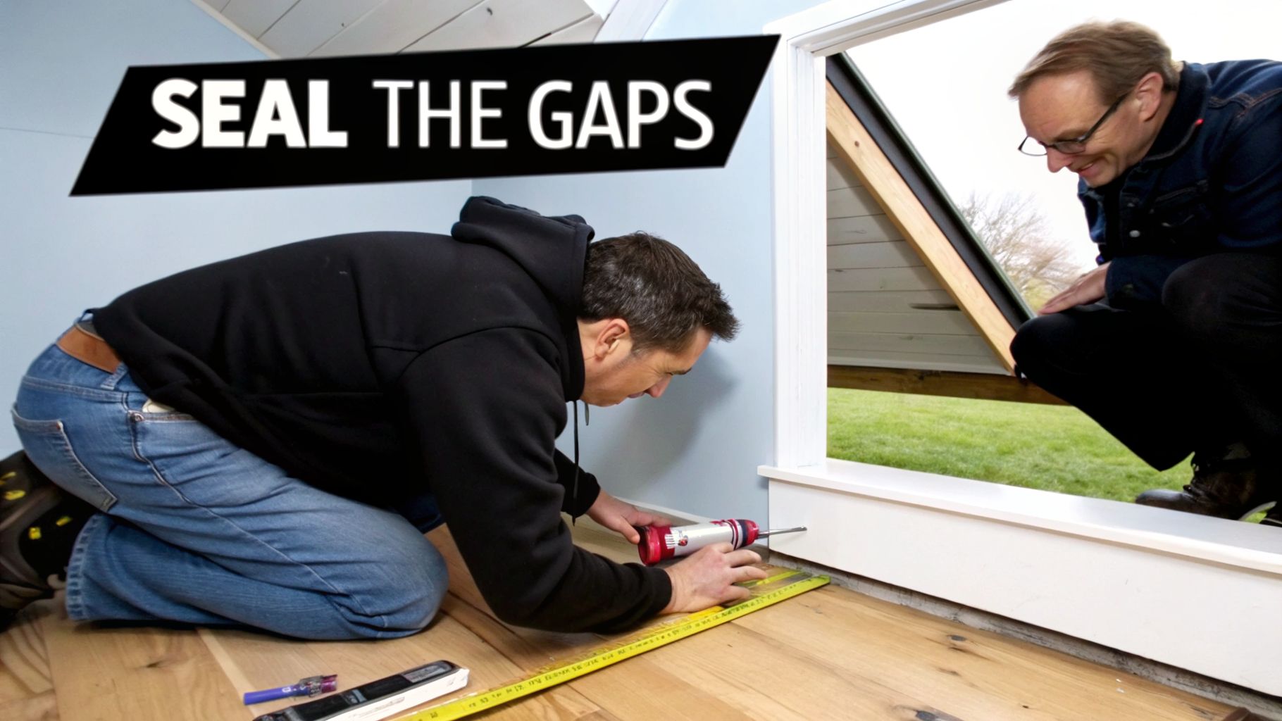 Two men sealing gaps around a window frame, one applying caulk, the other inspecting from outside.