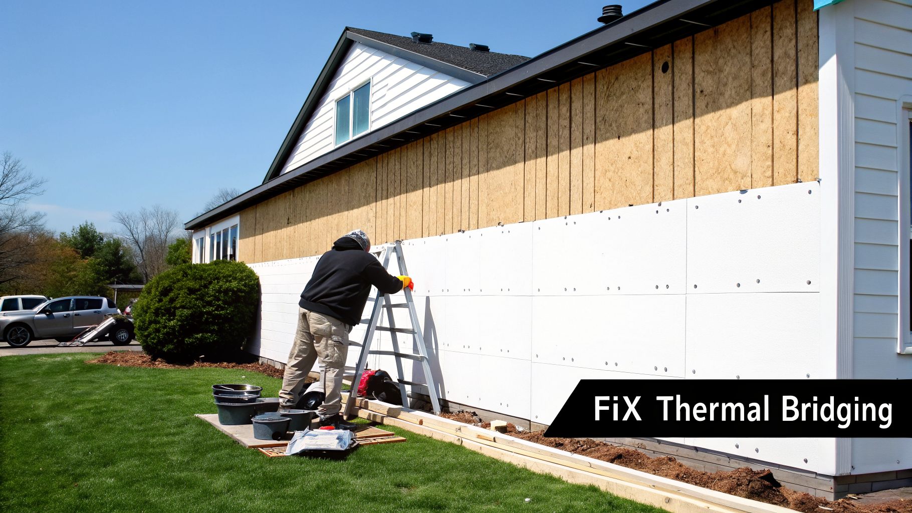 A person on a ladder installs white exterior insulation panels on a house to fix thermal bridging.