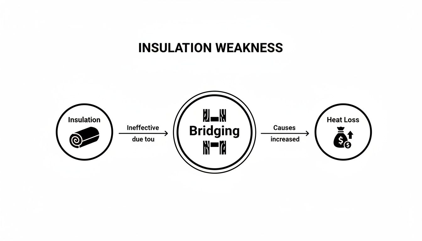 A diagram illustrating how insulation becomes ineffective due to bridging, which causes increased heat loss.