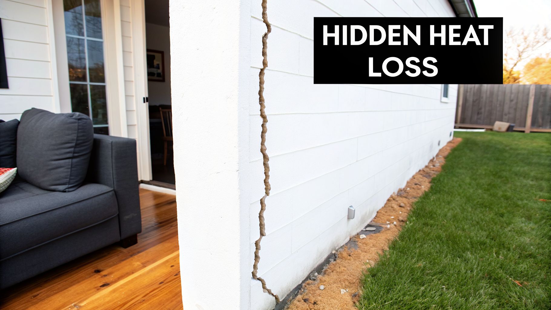 A house exterior showing a severe vertical crack on a white wall, hinting at hidden heat loss.