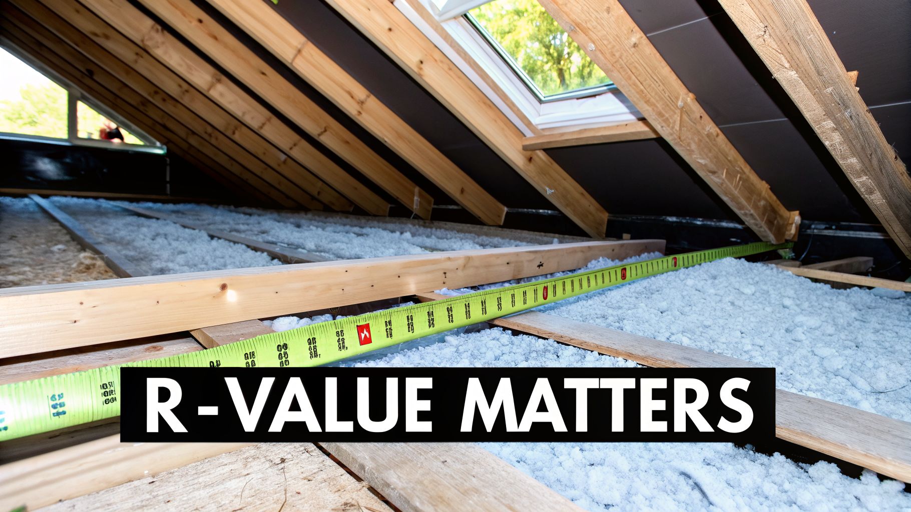 Attic with white blown-in insulation, wooden beams, skylight, and measuring tape. Text: R-VALUE MATTERS.
