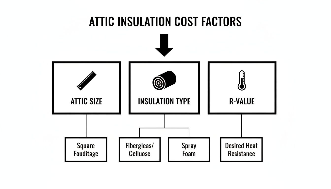 Flowchart illustrating key factors influencing attic insulation costs, including attic size, insulation type, and R-value.