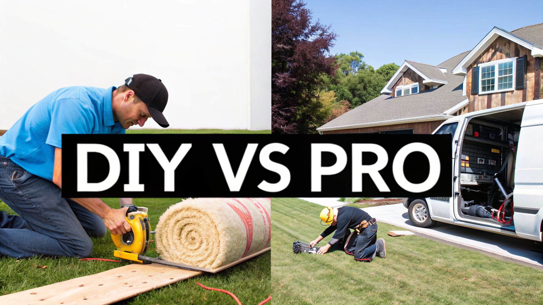 A split image comparing DIY insulation installation by a homeowner with a professional worker and a service van.
