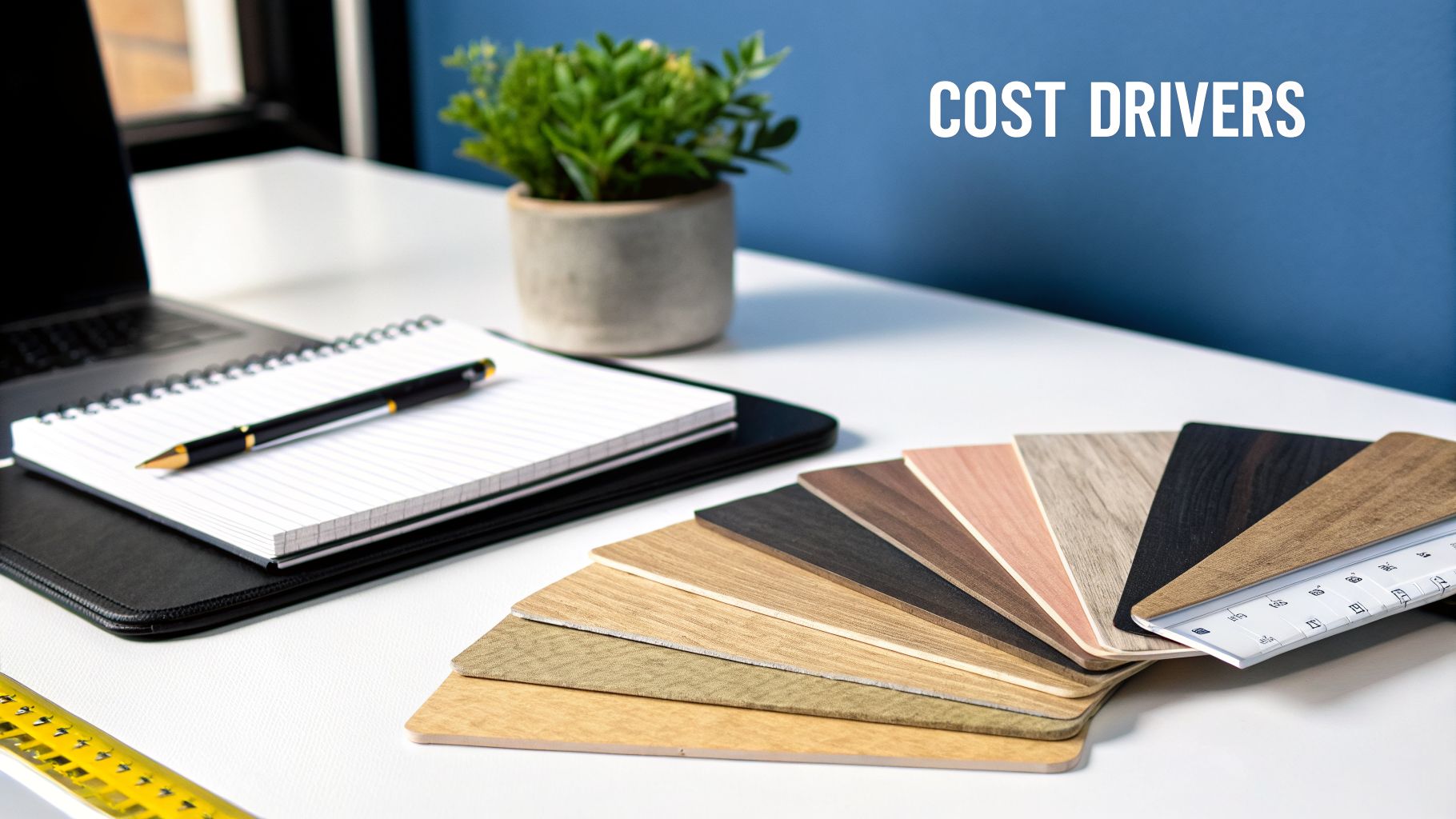 A desk with a laptop, notebook, pen, green plant, and various wood material samples. Text: 'COST DRIVERS'.