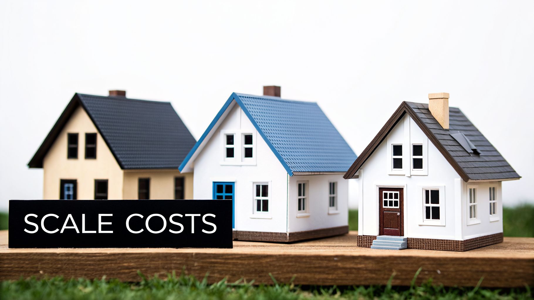 Three miniature houses with a 'SCALE COSTS' sign, representing real estate expenses.