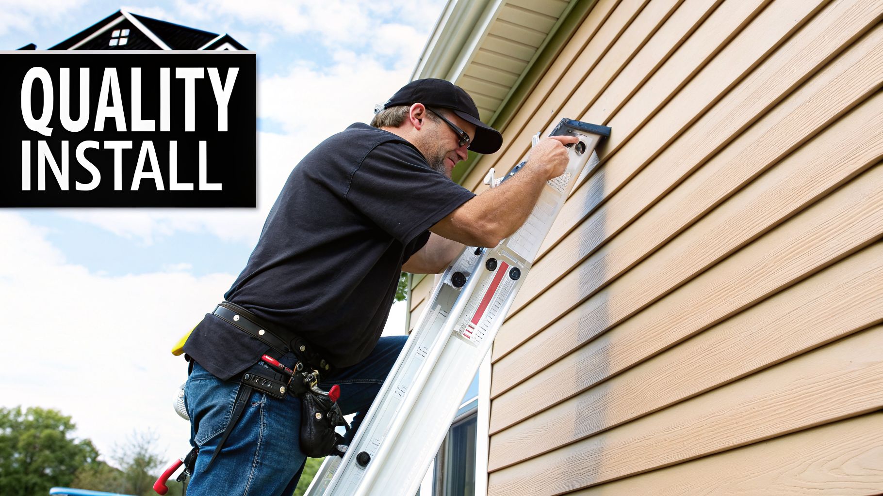 A contractor on a ladder working on tan vinyl siding on a house under a cloudy sky.