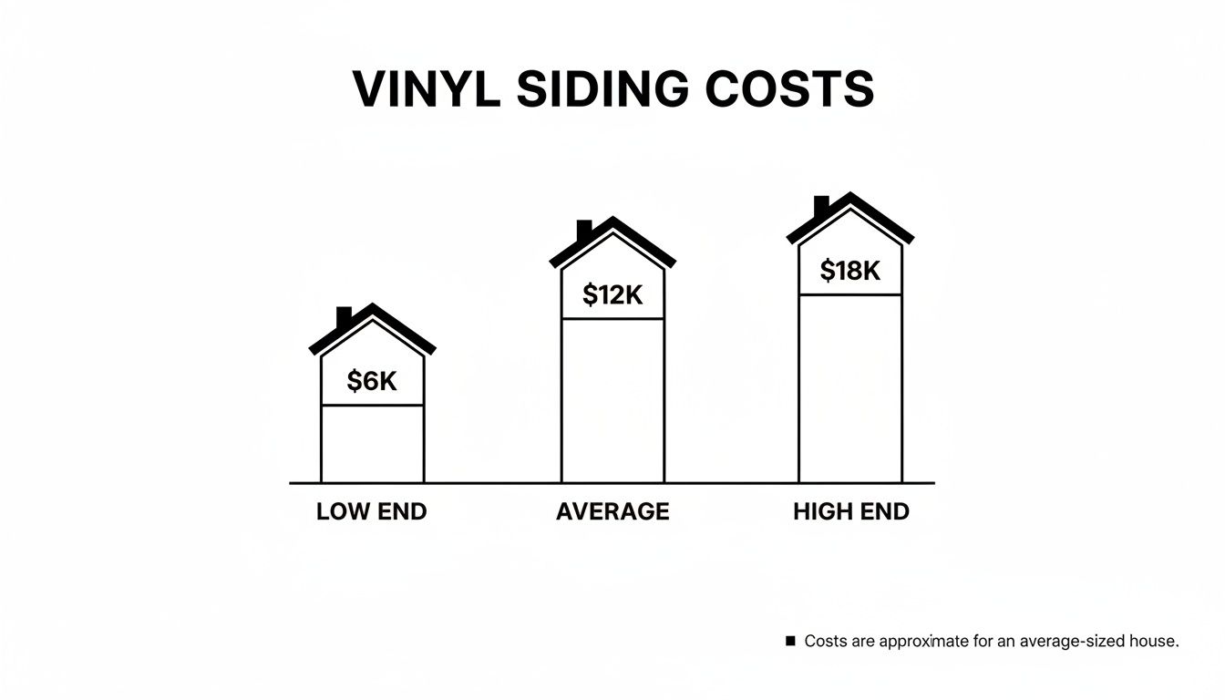 A bar chart displaying vinyl siding costs: low end $6K, average $12K, high end $18K.