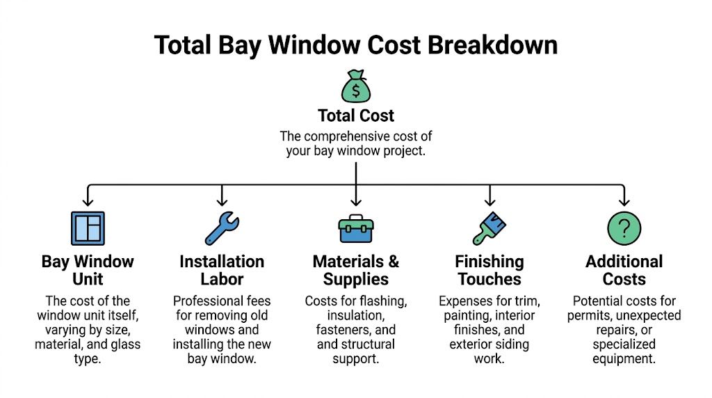 A diagram illustrating the cost breakdown for a bay window project including labor, materials, and additional expenses.