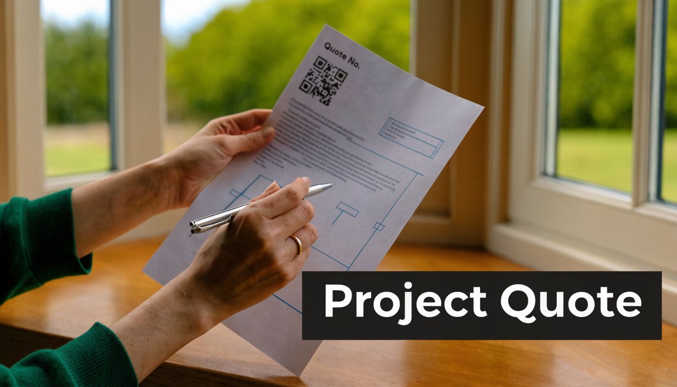 A person holding a document with a project quote in front of a window.