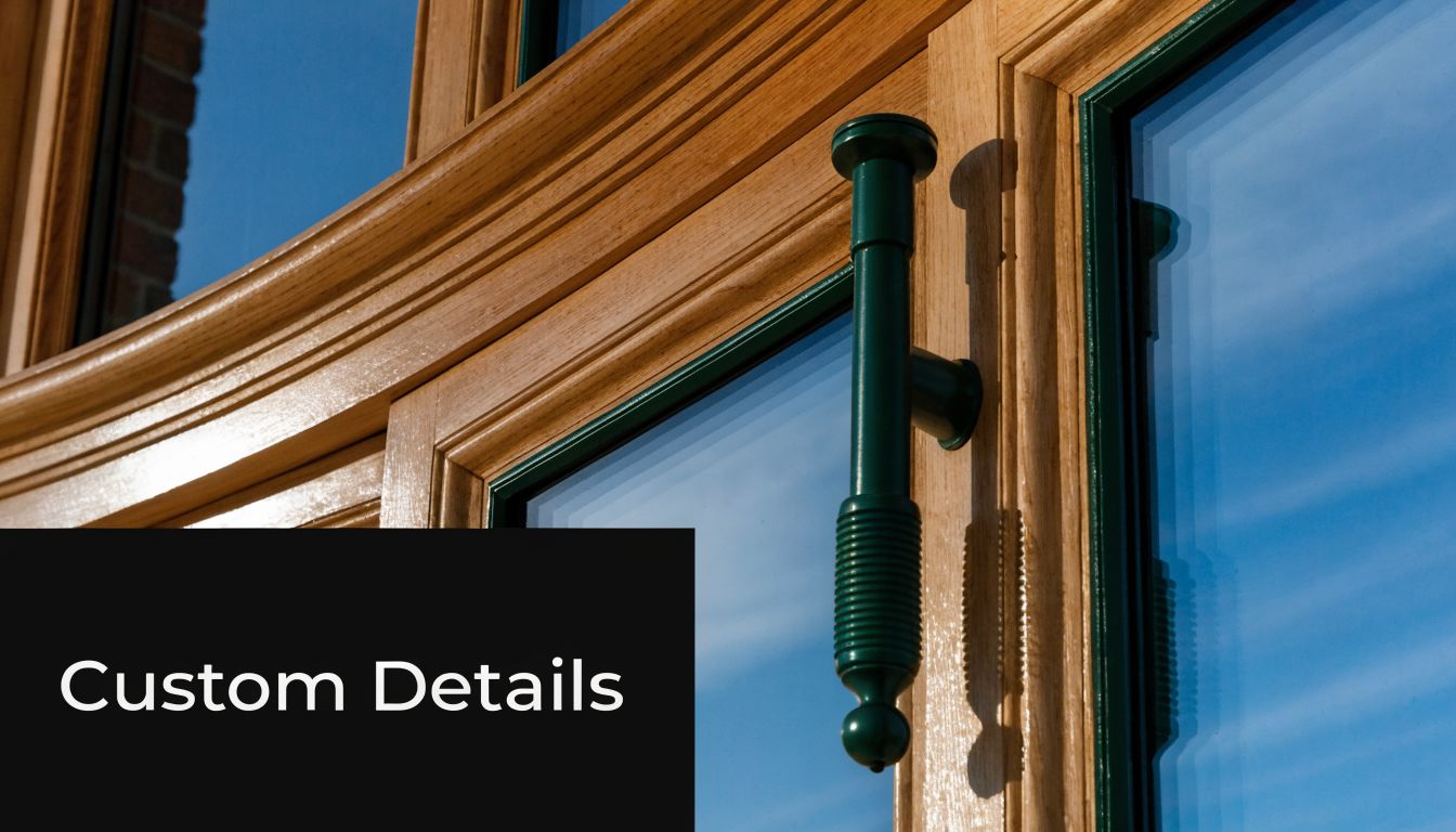 A close-up view of a high-end wooden window frame featuring a unique dark green metal handle.