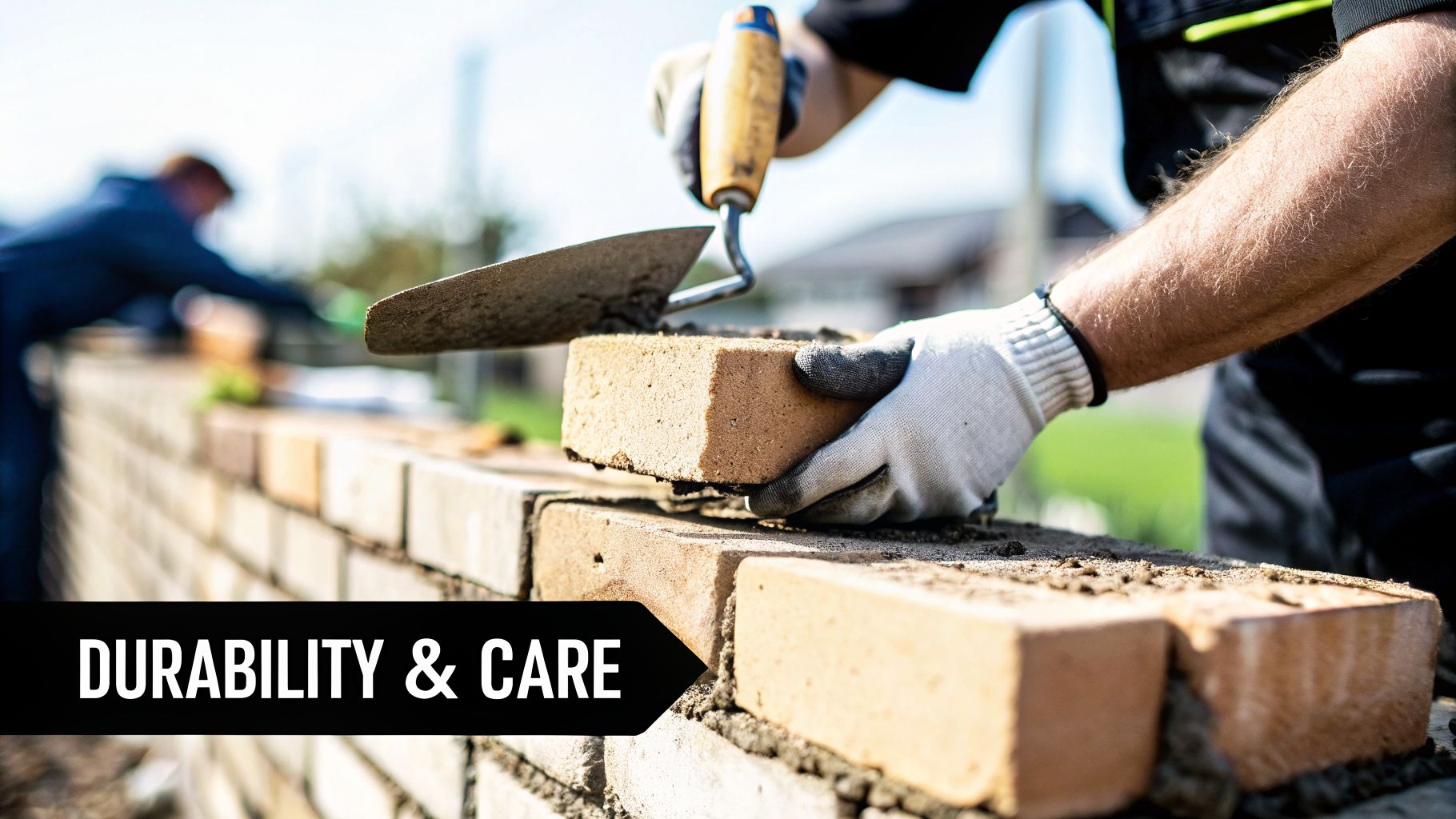 A gloved hand uses a trowel to spread mortar on a brick wall, laying another brick.