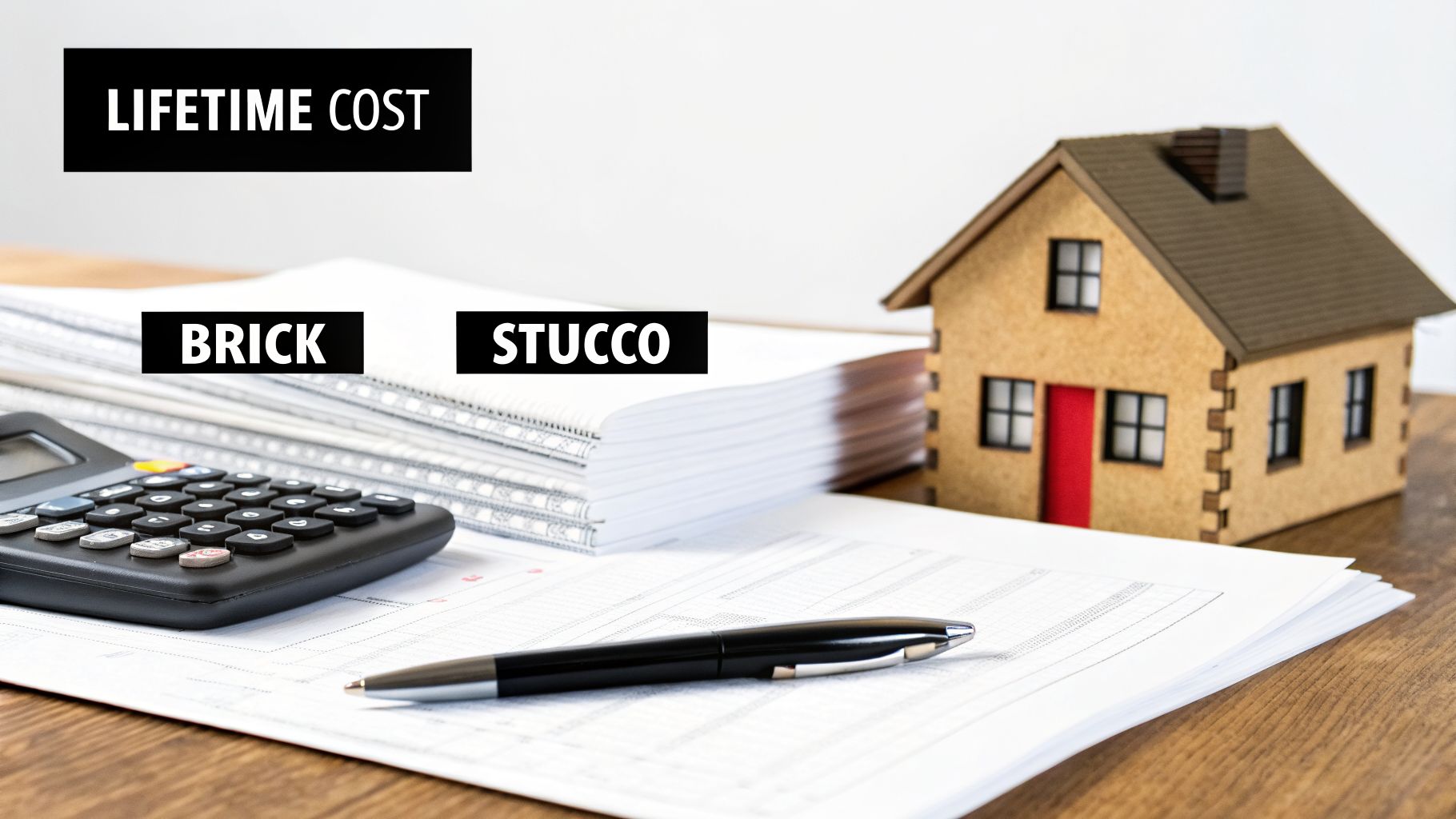 Desk setup with calculator, pen, papers, and a model house, comparing lifetime costs of brick and stucco.